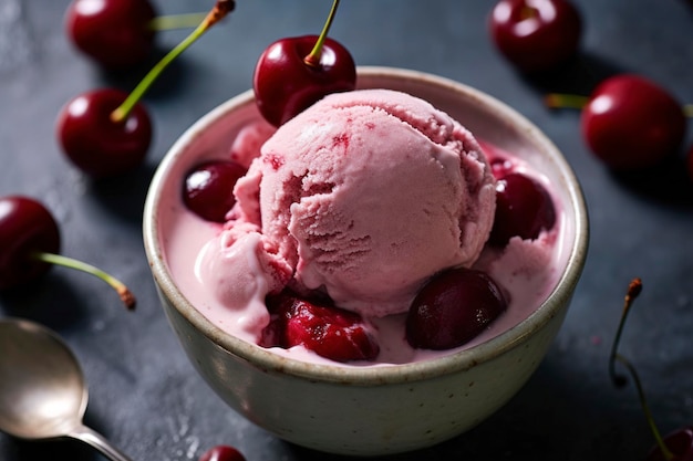 Photo a top view of an elegant bowl of cherryvanillamixed ice cream