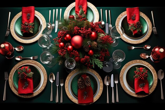 Foto vista dall'alto della tavola di natale elegante e festosa con decorazioni e ornamenti natalizi mockup piatto