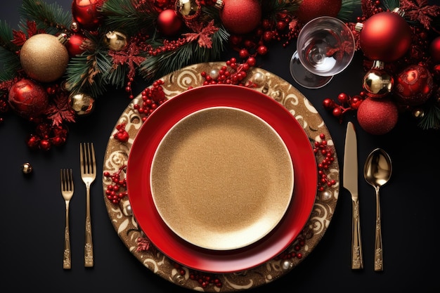 Top view of elegant and festive christmas table setting with xmas decoration and ornaments mockup