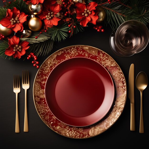Xmas 장식과 장식품과 함께 우아하고 축제적인 크리스마스 테이블 설정의 상단 뷰