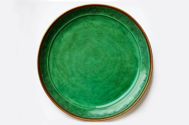 Top view empty blank ceramic antique round green plate isolated on white background