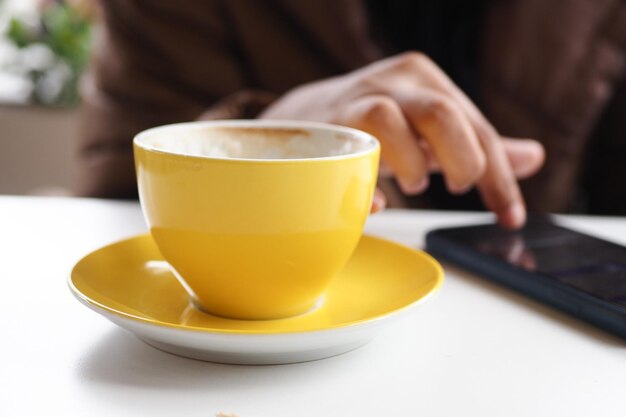 Top view of empty coffee cup on table