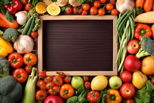 Вид сверху на пустую рамку среди свежих овощей и фруктов, генерирующий искусственный интеллект
