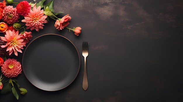 Вид сверху на пустую тарелку рядом с букетом цветущих цветов со столовыми приборами и вилкой на темном фоне