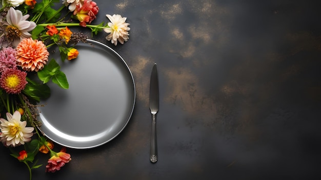 Top view of An empty plate near bunch of blooming flower with cutlery and fork on a dark background