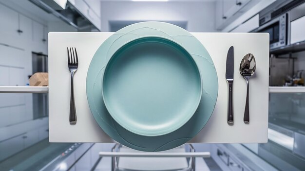 Photo top view empty round plate iceblue colored on the white desk plate cutlery kitchen food