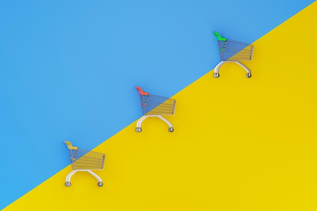 top view of empty shopping cart on color background 3d illustration