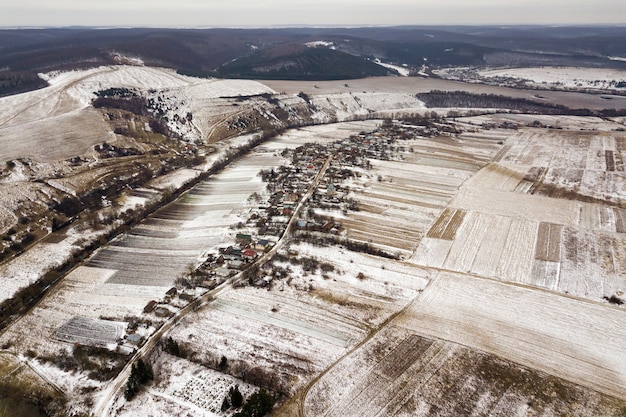 Top view of empty snowy fields
