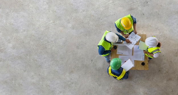 top view of engineer architect contractor and foreman meeting at the construction building site with floor plan for real estate development project industry and housing timeline usage