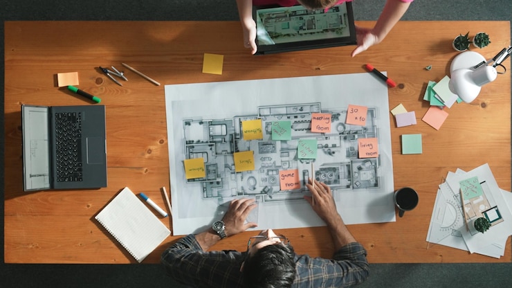 Photo top view of engineer hold project plan while design join meeting symposium