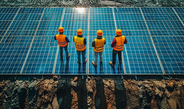 Top view of engineers installation massive solar panels