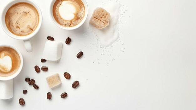 Top view of Espresso coffee milk and sugar on white Background with space for text