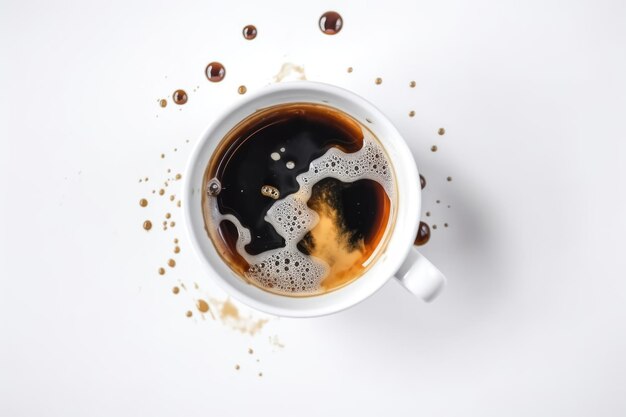 Верхний вид эспрессо кофе на белом фоне