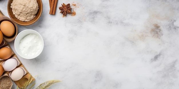 Top View of Essential Baking Ingredients on Counter Copy Space