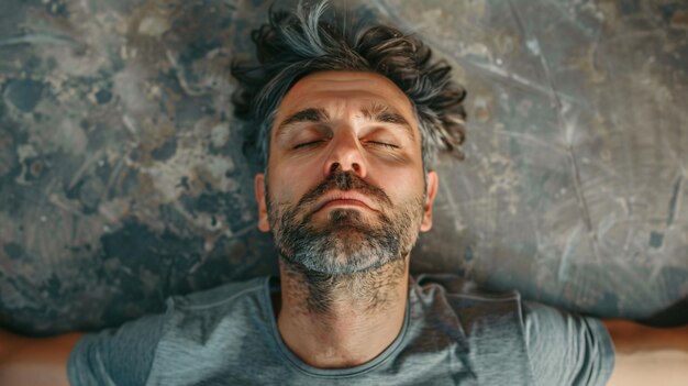 Top view of expression of a man who lying on the floor and entered in resting state