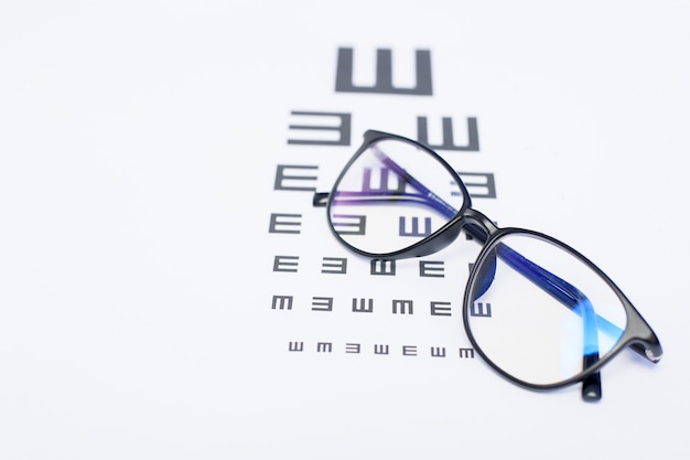 A top view of eye chart with glasses, ophthalmologist concept