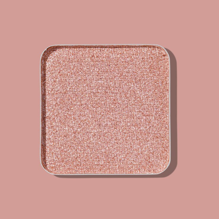 Top view eye shadow glitter beige pink swatch with shadow monochrome minimal style photo sparkling eyeshadow pastel color shiny powder for festive makeup square shape metal pack cosmetics
