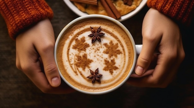 Photo top view of fall shaped pumpkin spice cakes and hands holding latte generative ai