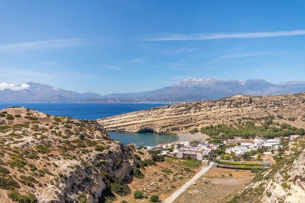 Top view of the famous beach of Matala on the island of Crete