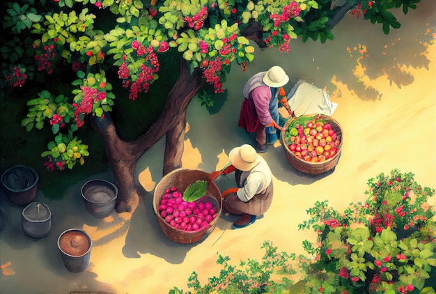 Photo top view of farmers harvesting fruits in the organic agriculture orchard people lifestyles and occupation concept digital art illustration generative ai