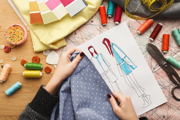 Top view of fashion designer working with material sample and hand-drawn sketch at messy table background, top view. Dressmaking, creativity and sewing workshop concept