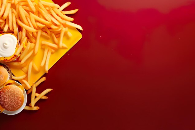 Photo top view of fast food arrangement with copy space made with ai