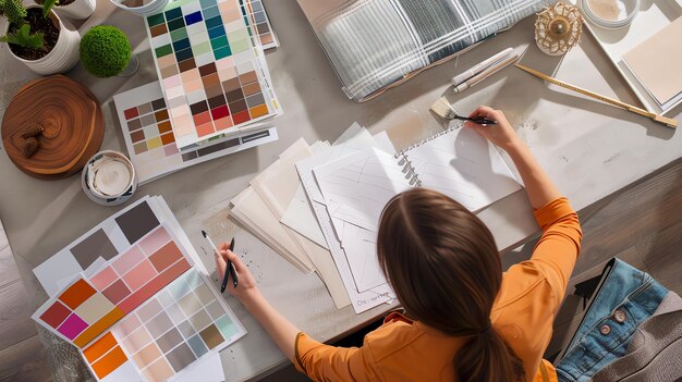 Top view of female interior designer working on color swatches and sketches while sitting at her desk