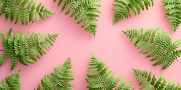 Top view fern leaves frame on pink background