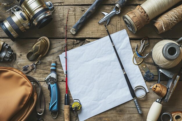 Photo top view of fishing essentials with piece of paper