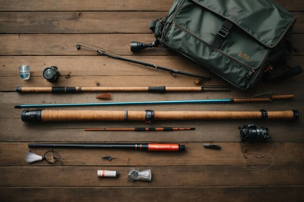 Top view of fishing essentials with rod and copy space ar c