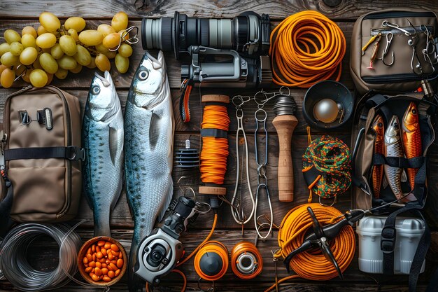 Foto vista dall'alto degli attrezzi da pesca sul tavolo ia generativa