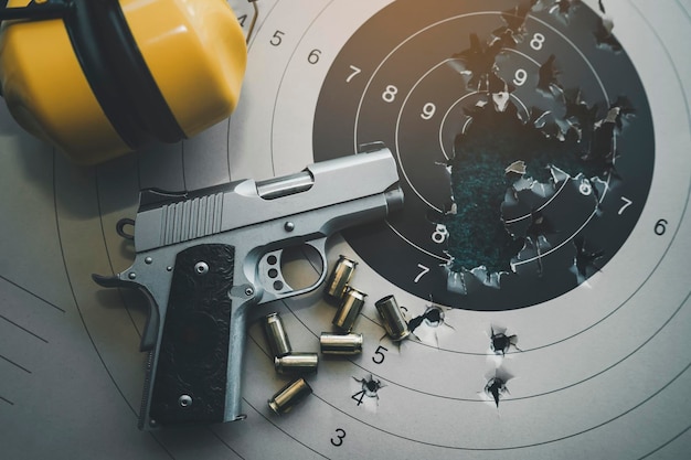 Плоская планировка пистолетов, пуль и наушников с желтым шумоподавлением на бумажной мишени для стрельбы после стрельбы на стрельбище Концепция спортивной стрельбы, вид сверху