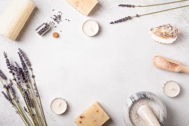 Top view and flat lay of handmade cosmetics. Woman body and self-care. Bath salt. Wellness concept. Natural organic beauty product