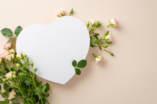 Foto top view immagine piatta di piccole rose delicate su uno sfondo beige pastello calmante con un cuore vuoto per una pubblicità o un messaggio