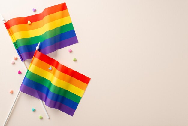 ベージュ色の背景に2つの虹の旗と装飾的なハートとテキストのためのスペースを持つLGBT構成のトップビューフラットレイ写真