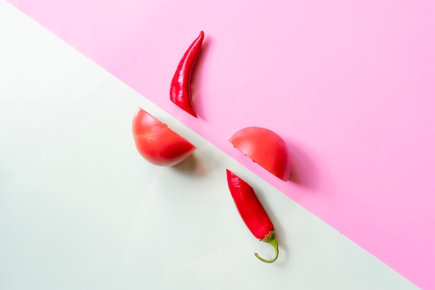 Вид сверху на плоскую кладку сырого красного органического томата и перца чили с креативным макетом f