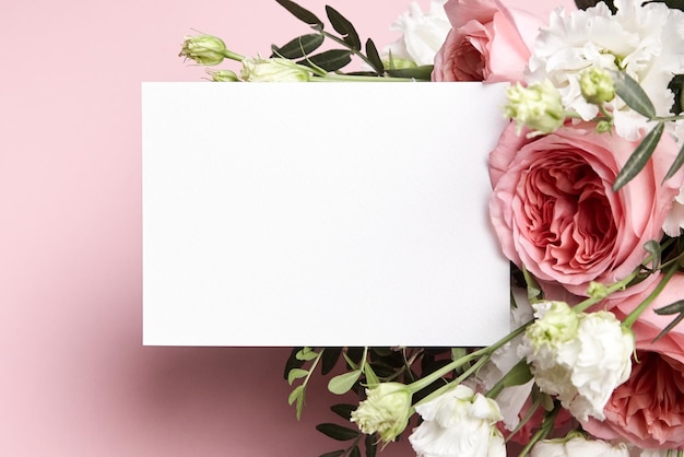 Photo top view flat lay white wedding invitation card mockup and floral decor