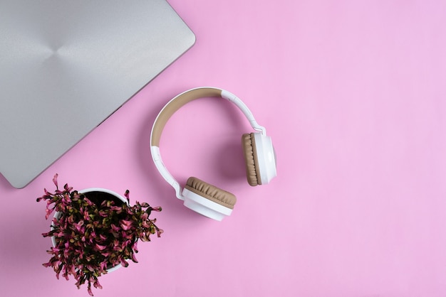 Top View Flatlay of modern wireless headphone, minimalist laptop, and Cute purple Flower on pink color workspace