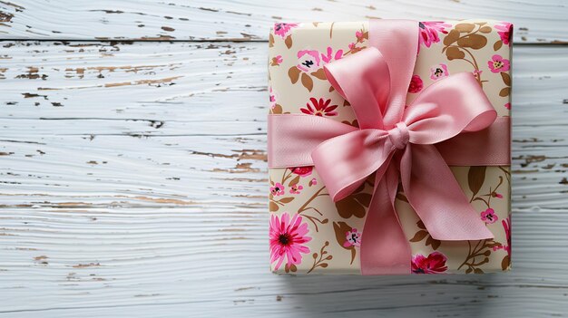 top view of Floral pattern gift box tied with pink ribbon on wooden background