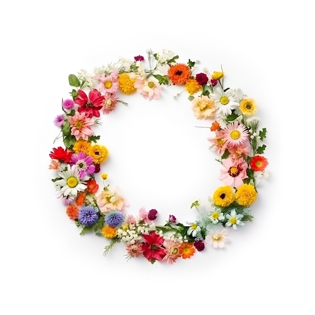 Top view of floral wreath made of beautiful colorful flowers on white AI generated