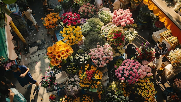 Photo top view of a flower market with many kind of flower there are some people buying and selling flowers