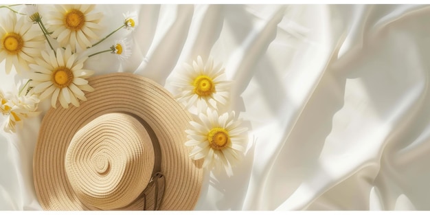 Top view flowers daisies and straw hat on white cloth background Minimal fashion summer holiday