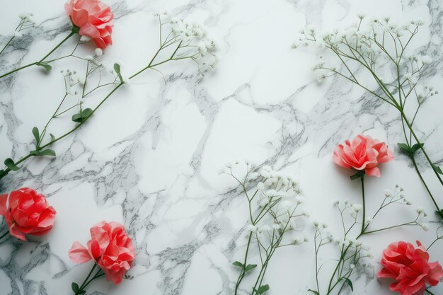 Foto vista superiore decorazione di fiori su uno sfondo di marmo pianeggiante minimal