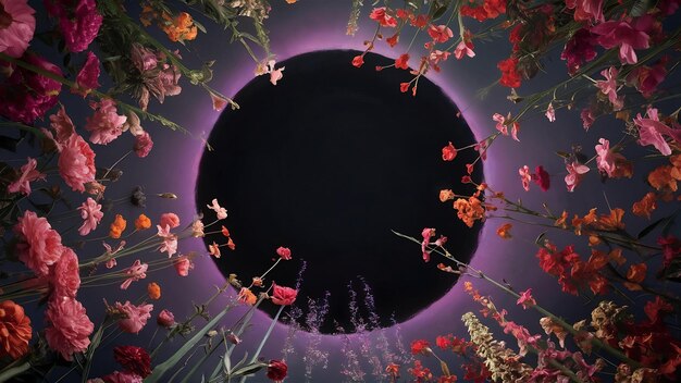 Photo top view flowers with blak pink circle