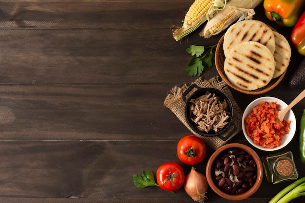 Top view food frame on wooden background