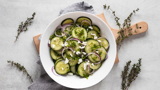 Photo top view of food ingredients with cucumbers