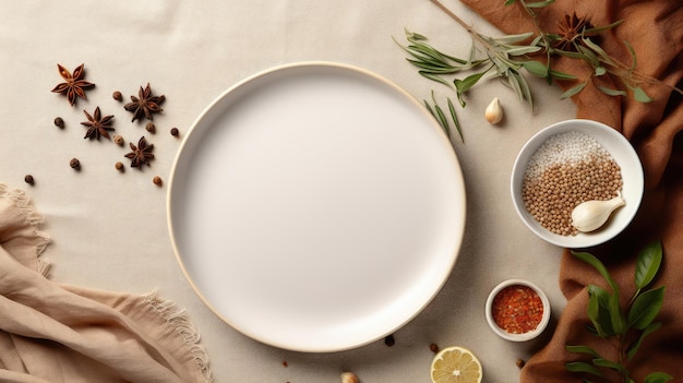 Top view of a food photo mockup with spices and napkin on an abstract background copy space