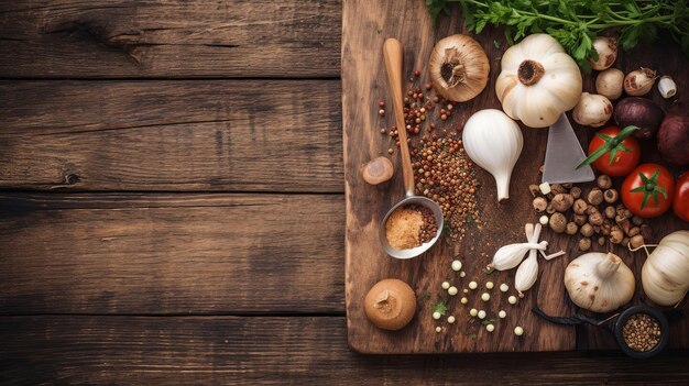 Photo top view of food rustic wooden table background ingredients for vegan dishes vegetables root