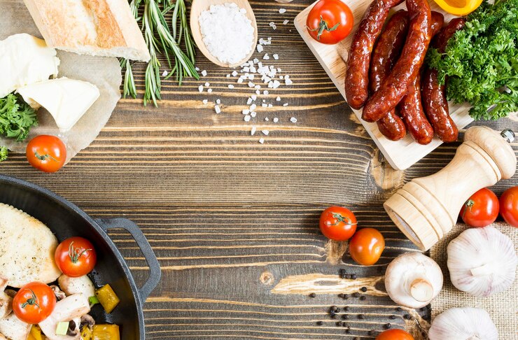 Top view of food vegetables greens seasoning meat on wooden background