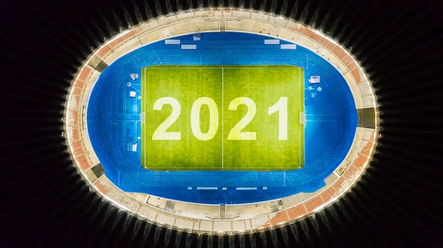 Top view of football field with number 2021